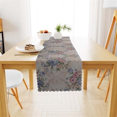 Modern Gül Desenli Mavi Dijital Baskılı Süet Dokuma Runner 40x140