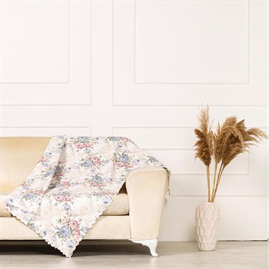 Modern Mavi Renkli Gül Desen Dokuma Dijital Baskılı Kadife Şönil Koltuk Şalı Örtüsü Maxi Set (3+3+1+1)