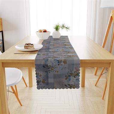 Motifli Gül Desenli Renkli Zemin Mavi Hardal Dijital Baskılı Petek Dokuma Runner 40x140 