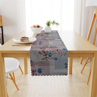 Motifli Gül Desenli Renkli Zemin Mavi Gül Kurusu Dijital Baskılı Petek Dokuma Runner 40x140 
