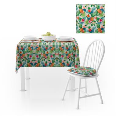 Palmiye Yapraklı Tropikal Ananas Desenli Beyaz Zemin Yeşil Dijital Baskılı Petek Dokuma Masa Örtüsü 140x220