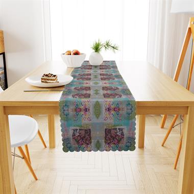 Patchwork Desenli Motifli Turkuaz Pembe Dijital Baskılı Petek Dokuma Runner 40x140 