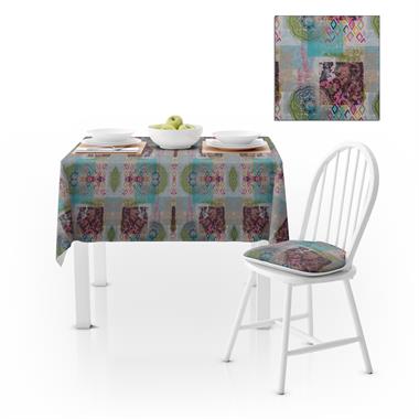 Patchwork Desenli Motifli Turkuaz Pembe Dijital Baskılı Petek Dokuma Masa Örtüsü 140x220