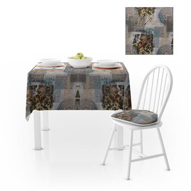 Patchwork Geometrik Desenli Hardal Vizon Dijital Baskılı Petek Dokuma Masa Örtüsü 140x140