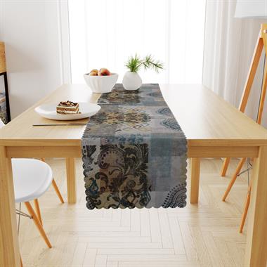 Patchwork Geometrik Desenli Hardal Vizon Dijital Baskılı Petek Dokuma Runner 40x140 
