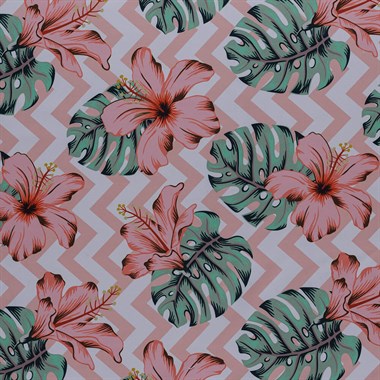 Pembe Beyaz Zigzag Üzerine Baskılı Modern Çiçekli Desen Dokuma Dijital Baskılı Petek Kumaş