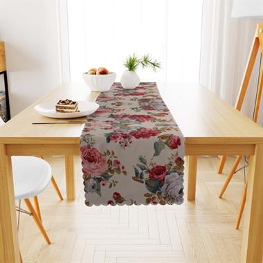 Renkli Desenli Krem Zemin Pudra Gri Dijital Baskılı Süet Dokuma Runner 40x140
