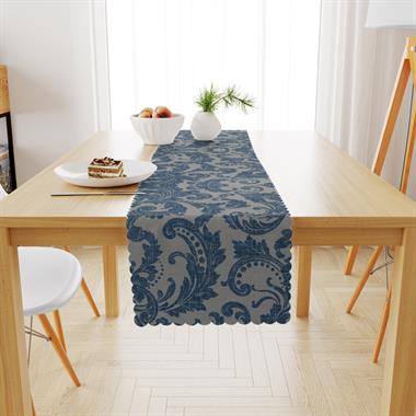 Şal Desenli Eskitme Kot Baskılı Mavi Dijital Baskılı Petek Dokuma Runner 40x140 