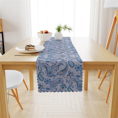 Şal Desenli Gri Mavi Kadife Dokulu Runner 40x180