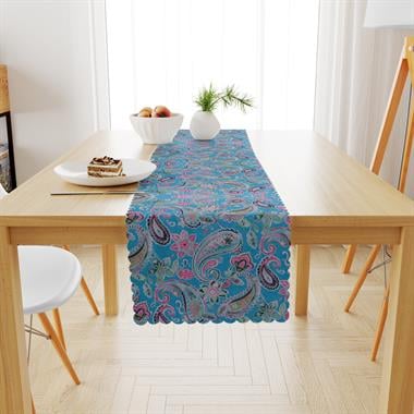 Şal Desenli Mavi Baskılı Kadife Dokulu Runner 40x180