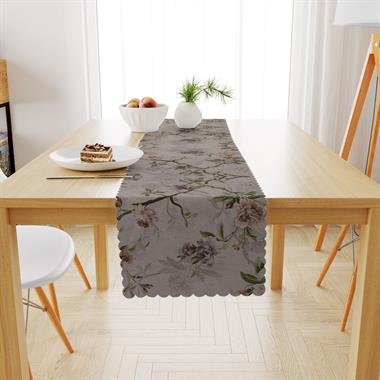 Sarmaşık Çiçek Desenli Vizon Zemin Yeşil Yaprak Dijital Baskılı Petek Dokuma Runner 40x140 