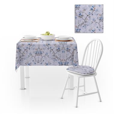 Sarmaşık Desenli Çiçekli Gri Mavi Tarçın Kadife Dokulu 180X260 Masa Örtüsü