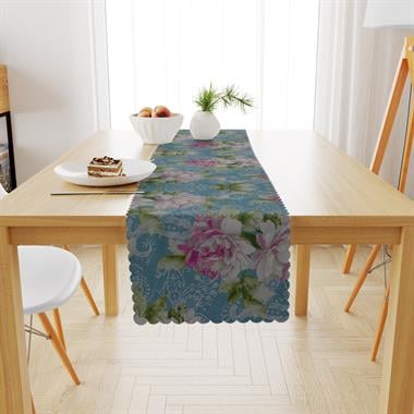 Sarmaşık Gül Desenli Mavi Zemin Pembe Yeşil Dijital Baskılı Petek Dokuma Runner 40x140 