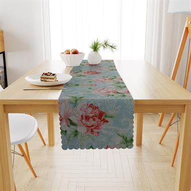 Sarmaşık Gül Desenli Mint Zemin Kiremit Yeşil Dijital Baskılı Petek Dokuma Runner 40x140 