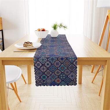 Seramik Desenli Mavi Modern Dijital Baskılı Petek Dokuma Runner 40x140 