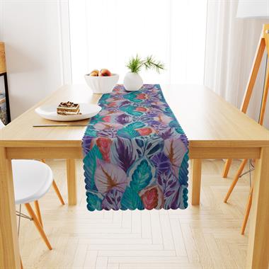 Sıralı Yaprak Desenli Mor Yeşil Dijital Baskılı Petek Dokuma Runner 40x140 