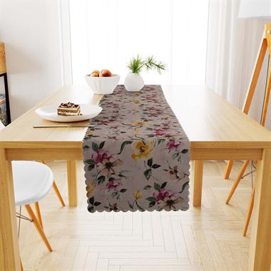 Sulu Boya Desenli Çiçekli Sarı Vizon Dijital Baskılı Süet Dokuma Runner 40x140