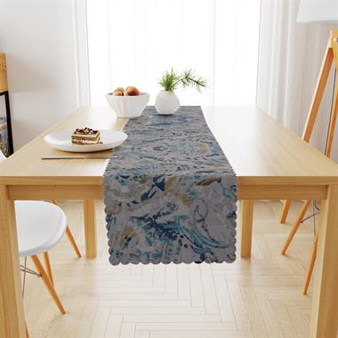Sulu Boya Desenli Turkuaz Lacivert Dijital Baskılı Petek Dokuma Runner 40x140 