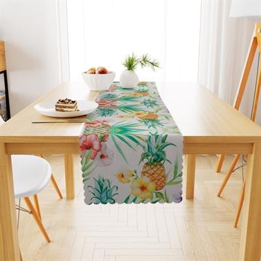 Tropikal Ananas Yaprak Desenli Beyaz Zemin Sarı Pembe Çiçekli Dijital Baskılı Petek Dokuma Runner 40x140 