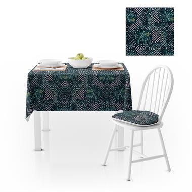 Tropikal Çiçek Desenli Siyah Beyaz Çizgili Dijital Baskılı Petek Dokuma Masa Örtüsü 120x140