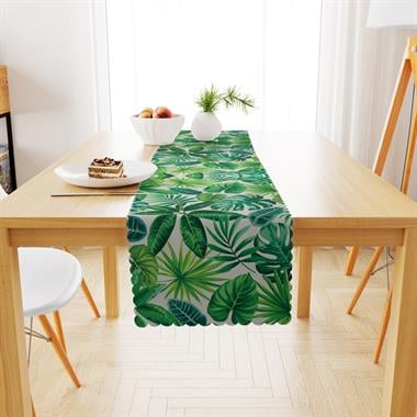 Tropikal Desenli Yeşil Yapraklı Dijital Baskılı Petek Dokuma Runner 40x140 