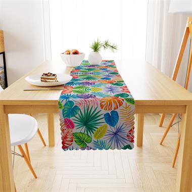 Tropikal Yaprak Desenli Siyah Beyaz Dijital Baskılı Petek Dokuma Runner 40x140