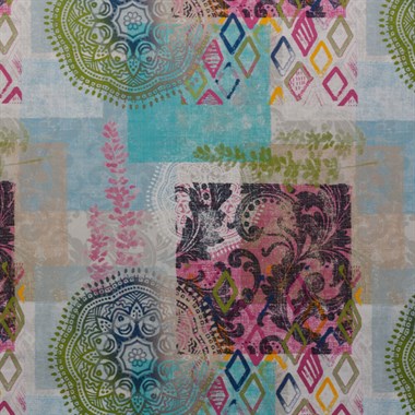 Turkuaz Pembe Motifli Pachwork Desen Dokuma Dijital Baskılı Petek Kumaş