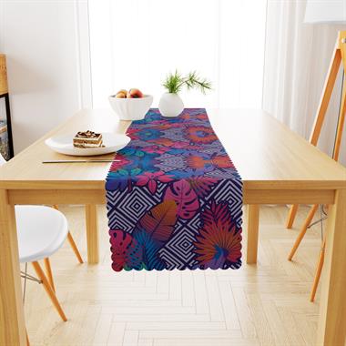 Yaprak Desenli Dekoratif Geometrik Zemin Renkli Dijital Baskılı Petek Dokuma Runner 40x140 