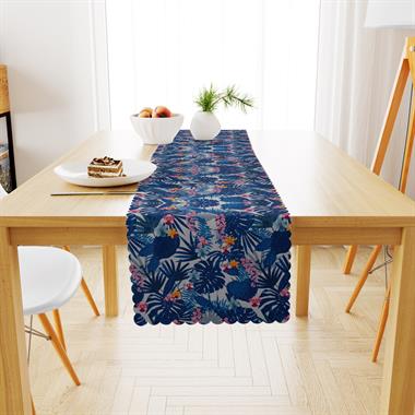 Yaprak Desenli Lacivert Dijital Baskılı Petek Dokuma Runner 40x140 