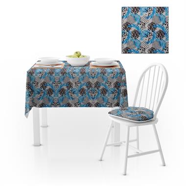 Yaprak Desenli Mavi Siyah Beyaz Dijital Baskılı Petek Dokuma Masa Örtüsü 140x260