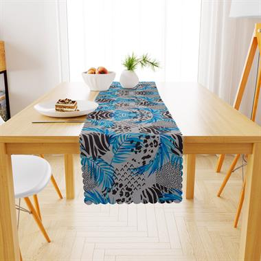 Yaprak Desenli Mavi Siyah Beyaz Dijital Baskılı Petek Dokuma Runner 40x140 