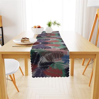 Yaprak Desenli Mor Mavi Dijital Baskılı Petek Dokuma Runner 40x140 