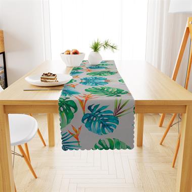 Yaprak Desenli Turuncu Yeşil Beyaz Dijital Baskılı Petek Dokuma Runner 40x140 