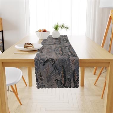 Yaprak Desenli Vizon Antrasit Dijital Baskılı Petek Dokuma Runner 40x140 