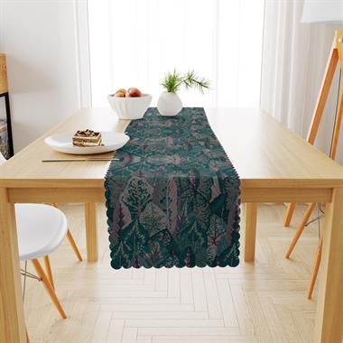 Yaprak Desenli Yeşil Dijital Baskılı Petek Dokuma Runner 40x140 