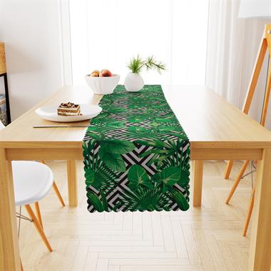 Yaprak Desenli Zigzag Zemin Yeşil Yapraklı Siyah Dijital Baskılı Petek Dokuma Runner 40x140 
