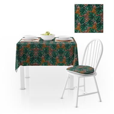 Yeşil Yaprak Desenli Leopar Zemin Dijital Baskılı Petek Dokuma Masa Örtüsü 120x140