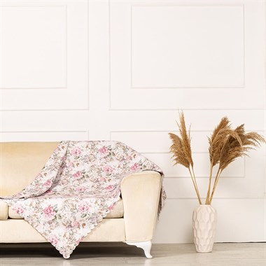 Yeşil Yapraklı Gül Kurusu Renkli Gül Desen Dokuma Dijital Baskılı Kadife Şönil Koltuk Örtüsü Şalı 175x215cm