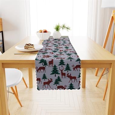 Yılbaşı Ağacı Geyik Desenli Beyaz Zemin Dijital Baskılı Petek Dokuma Runner 40x140 