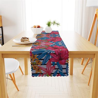 Zambak Desenli Mavi Kırmızı Dijital Baskılı Petek Dokuma Runner 40x140 