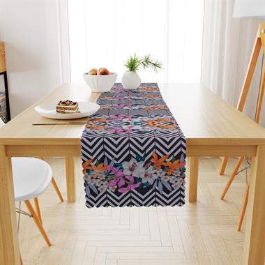 Zambak Desenli Siyah Beyaz Zigzaglı Kadife Dokulu Runner 40x180