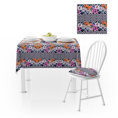 Zambak Desenli Zigzag Siyah Beyaz Kadife Dokulu 180X260 Masa Örtüsü