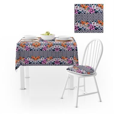 Zambak Desenli Zigzag Siyah Beyaz Kadife Dokulu 120X180 Masa Örtüsü
