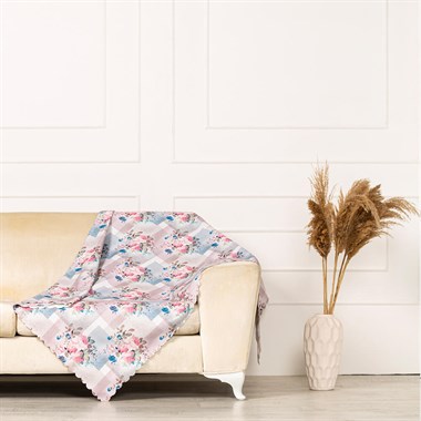 Zemin Motifli Kırmızı Çiçekli Dokuma Dijital Baskılı Kadife Şönil Koltuk Örtüsü Şalı 175x215cm