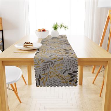 Zeytin Dalı Desenli Sarı Gri Dijital Baskılı Petek Dokuma Runner 40x140 