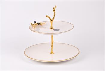 Efegil Oliva Siyah-Gold Yaldızlı Porselen 2 Katlı Sunumluk 19cm - 25cm 25x25x25cm