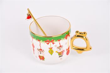 Tohana Altın Kaşıklı Yeni Yıl Porselen Kupa-Geyik