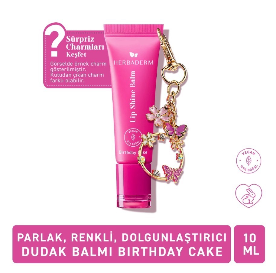 HerbadermDUDAK BAKIM ÜRÜNLERİHerbaderm Parlak Dudak Balmı Birthday Cake Aromalı 10 ml (Charm Hediyeli)