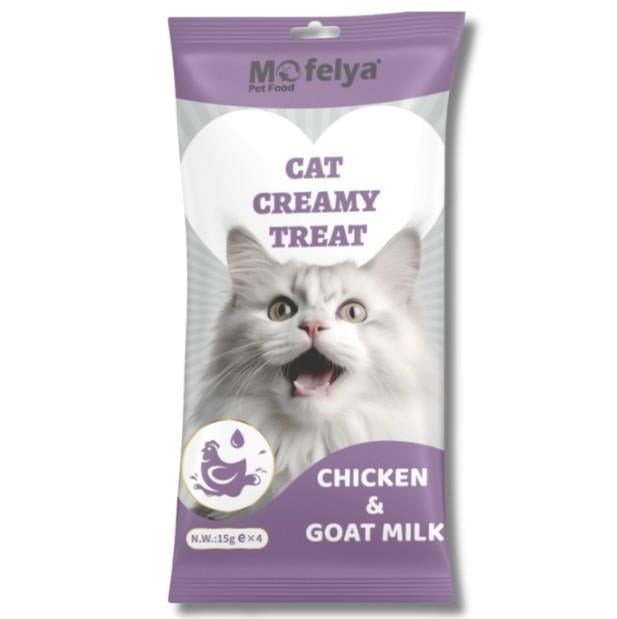 MOFELYASEVİMLİ DOSTLARIMIZMofelya Yüksek Proteinli Tavuklu & Keçi Sürlü Krem Kedi Ödül Maması 15 gr 4'lü