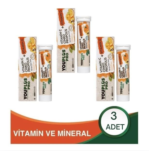 ABDİ İBRAHİMVİTAMİN-MİNERALLERYouplus Pro Vitamin C D Çinko Propolis 15 Efervesan Tablet 3 Adet